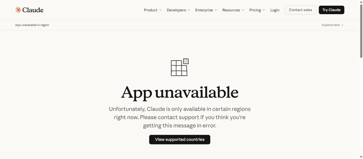 Страница Claude: «App unavailable» — приложение недоступно в регионе