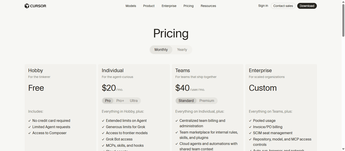 Страница тарифов cursor.com: Hobby (бесплатный), Individual $20, Teams, Enterprise